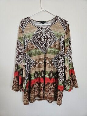 EUC N-Touch Western Geometric Paisley V-Neck Midi Dress w/ Flared Sleeves: Sz XL